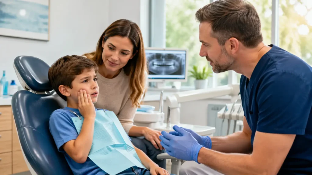 Child with tooth pain at an emergency dental visit in Rexburg