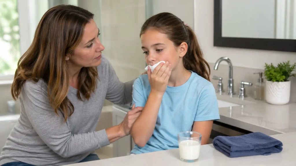Mother helping child during a dental emergency before seeing a dentist in Rexburg