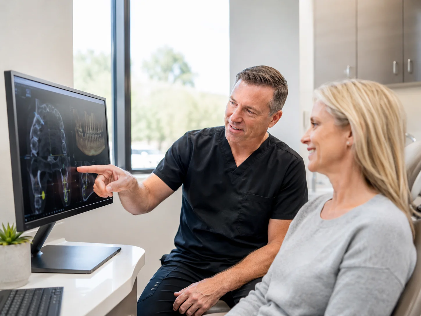 Dentist explaining implant scan results to a patient during a consultation