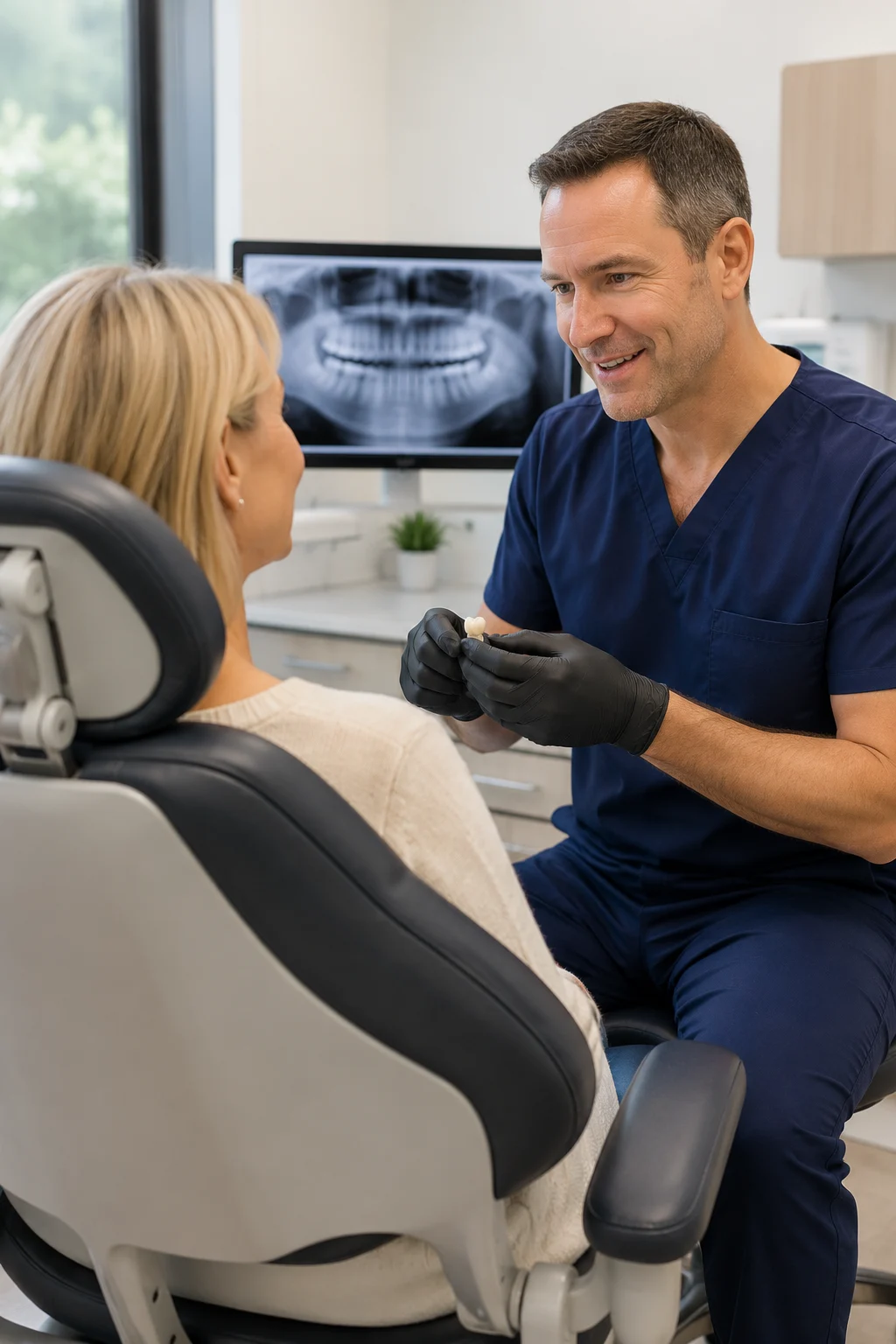Dentist showing an implant crown to a patient during a consultation