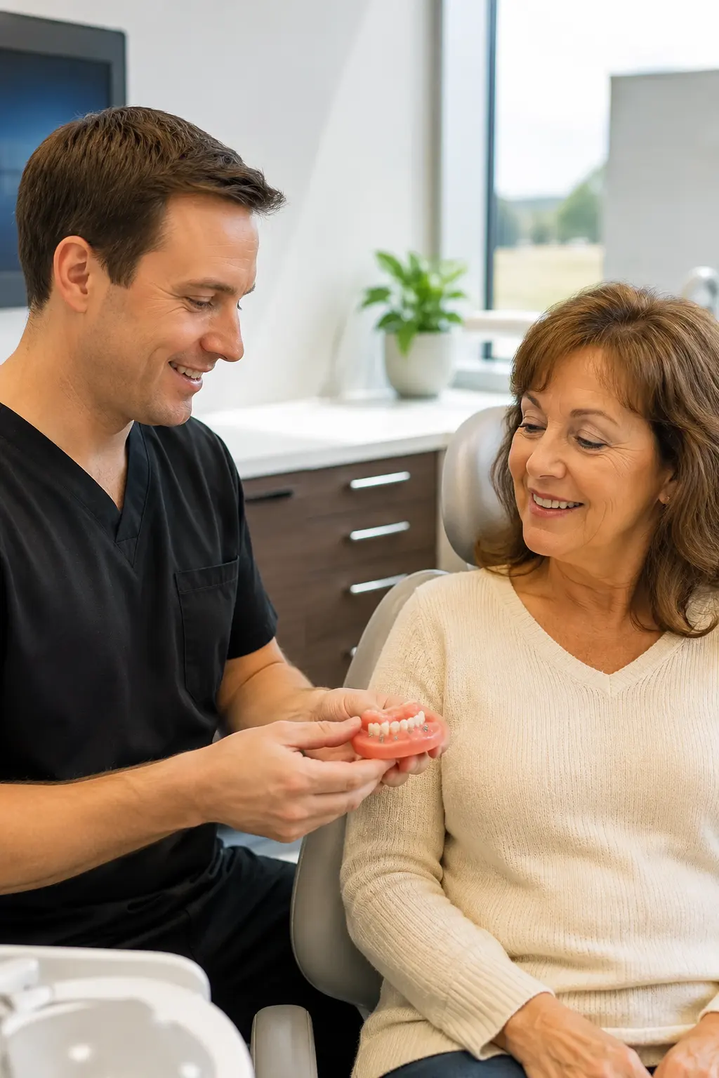 Dentist showing a mini implant denture model to a patient in a dental clinic