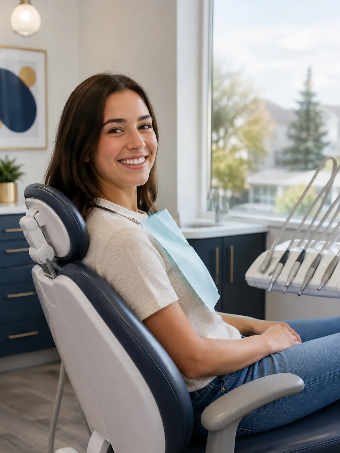 Young woman seated for a missionary dental exam in a bright Rexburg dental office